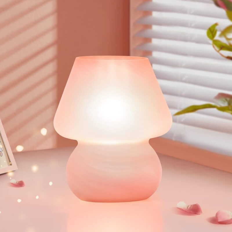 Mushroom Lamp Cute Table Lamp for Bedroom Nightstand Soft Light Pink, Small Glass Nightlight Stepless Dimmable Desk Lamp for Dining, Living, Nursery, Vanity, Home Decor Lamp for Girls Women