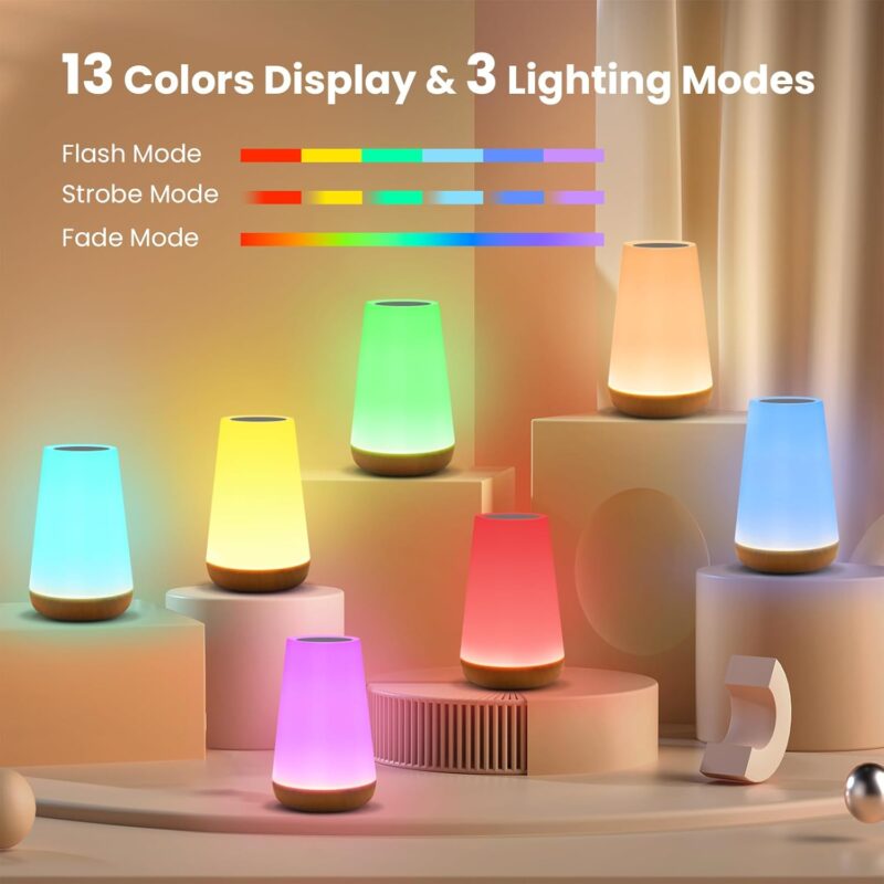 Night Light, Dimmable Touch Lamp for Bedroom, Portable Table Bedside Lamp, 5 Brightness 13 RGB Colors, Night Lights for Baby Nursery Bathroom - Image 2