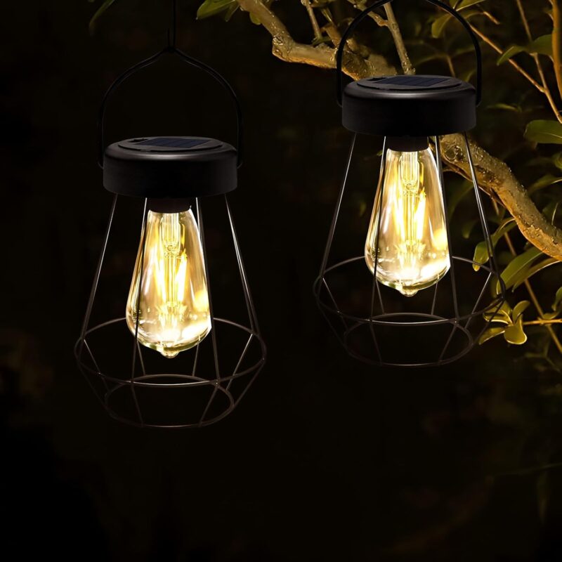 Solar Lanterns Outdoor Lights,Metal Hanging Solar Lights,Outdoor Waterproof,Auto On/Off with Edison Bulb Outdoor Solar Lights for Yard Garden Patio Pathway Decor 2 Pack - Image 2