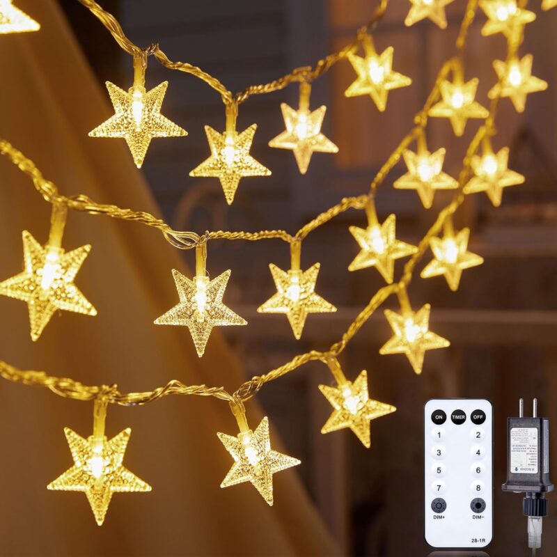 Star String Lights Plug in - 33 ft 100  Star Fairy String Lights with Remote and Timer, Waterproof for Bedroom Porch Wedding Party Patio Garden Tent Indoor Outdoor Décor, Warm White