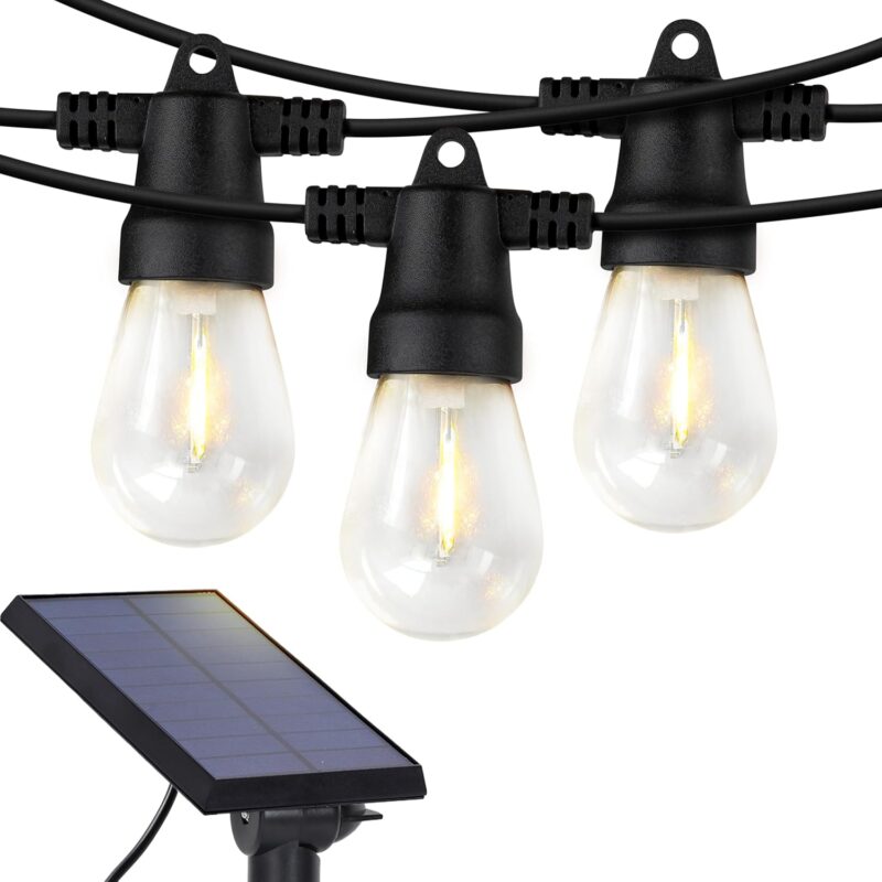 Solar Powered Outdoor String Lights, 27 ft Commercial Grade Waterproof Patio Lights, 12 Edison Bulbs, Shatterproof LED String Lights for Outside, Porch - 1W Soft White