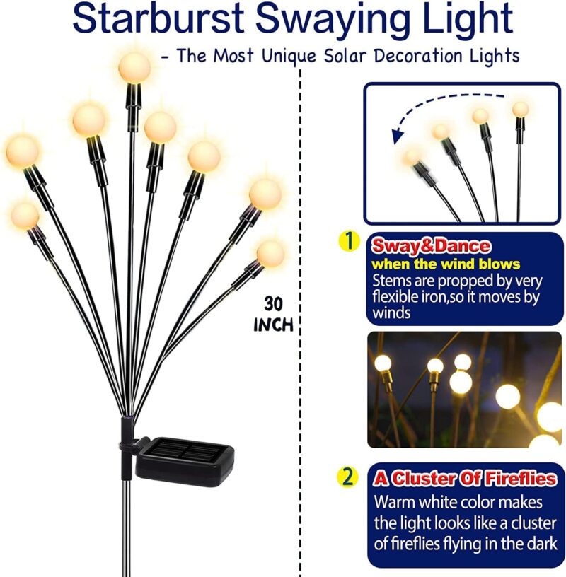 Solar Garden Lights - New Upgraded Solar Swaying Light, Sway by Wind, Solar Outdoor Lights, Yard Patio Pathway Decoration, High Flexibility Iron Wire & Heavy  Base, Warm White(2 Pack) - Image 2