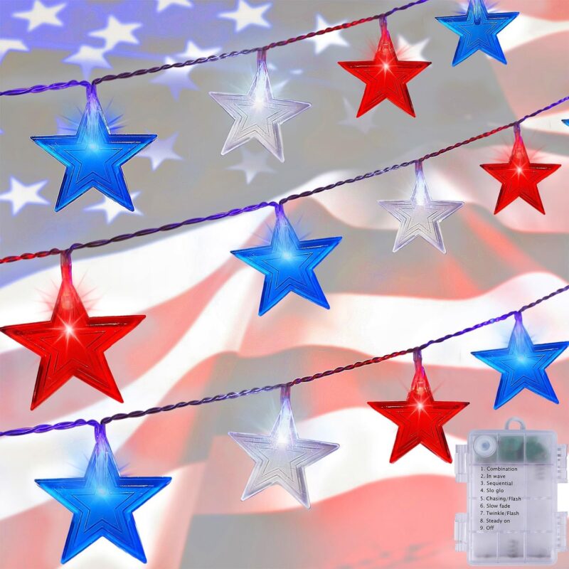 Red Blue and White Star Lights, 40 19FT Patriotic String Lights with Stars Battery Operated, 8 Lighting Modes & Timer, Waterproof Outdoor Independence Day Memorial Day Holiday Party Decor