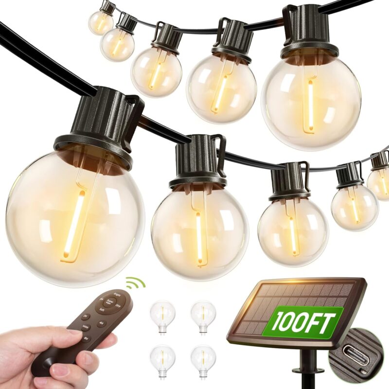100FT Solar String Lights Outdoor with Remote, 54 LED Shatterproof Bulbs, Dimmable & Timable, 3 Light Modes, G40 Waterproof Solar String Lights for Outside Backyard Party Decor