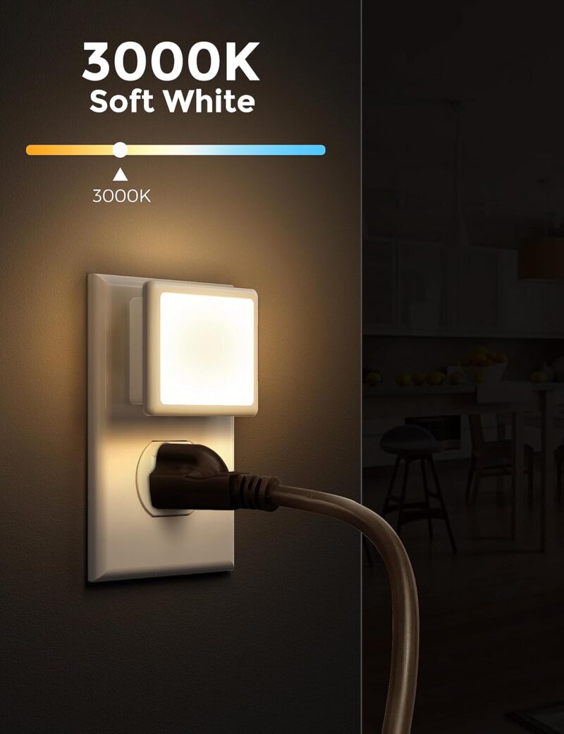 Night Lights Plug into Wall 2-Pack, 0.3W Plug in Night Light, Dusk to Dawn, 3000K Soft White, Bright Nightlight Auto-On/Off, for Adults Kids Room Bedroom Bathroom Hallway Kitchen, Non-Dim - Image 2