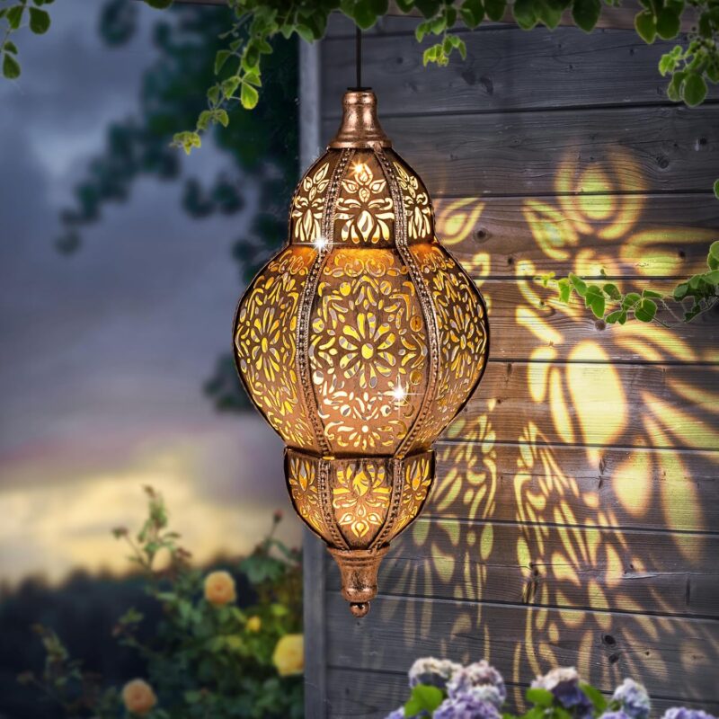 Solar Lanterns Outdoor Waterproof, Hanging Solar Lantern Garden Decor, Metal Moroccan Decorative Solar Garden Lights for Yard, Patio, Lawn, Porch, Unique Housewarming Gifts, Copper