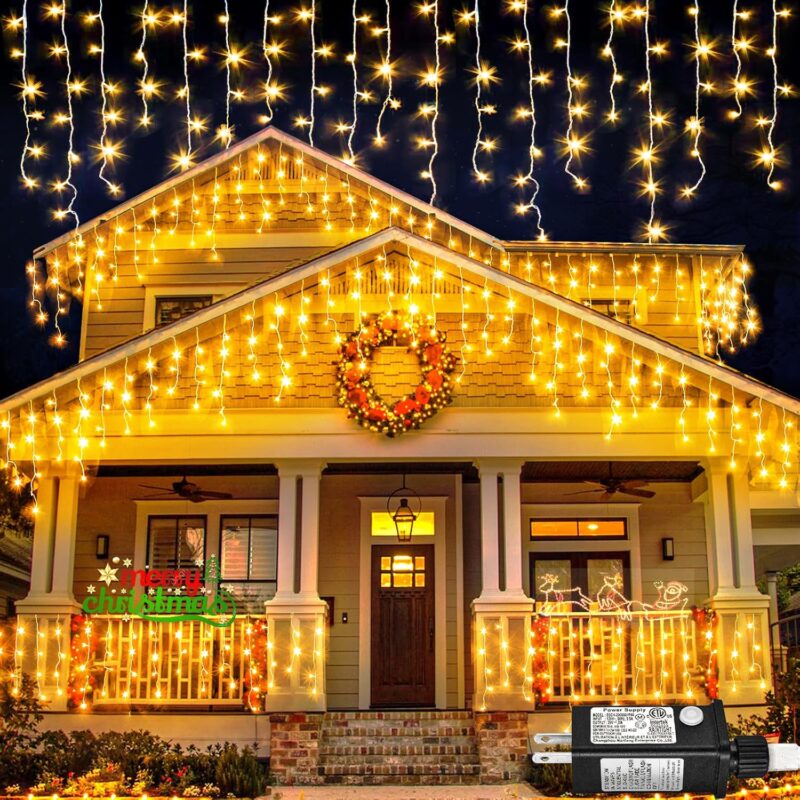 Warm White Christmas Lights Outdoor, 66ft 640  Icicle Lights for Outside House with Connectable Clear Wire 8 Modes Timer, Plug in Waterproof for Home Holiday Eaves Yard Party Room Indoor Decoration
