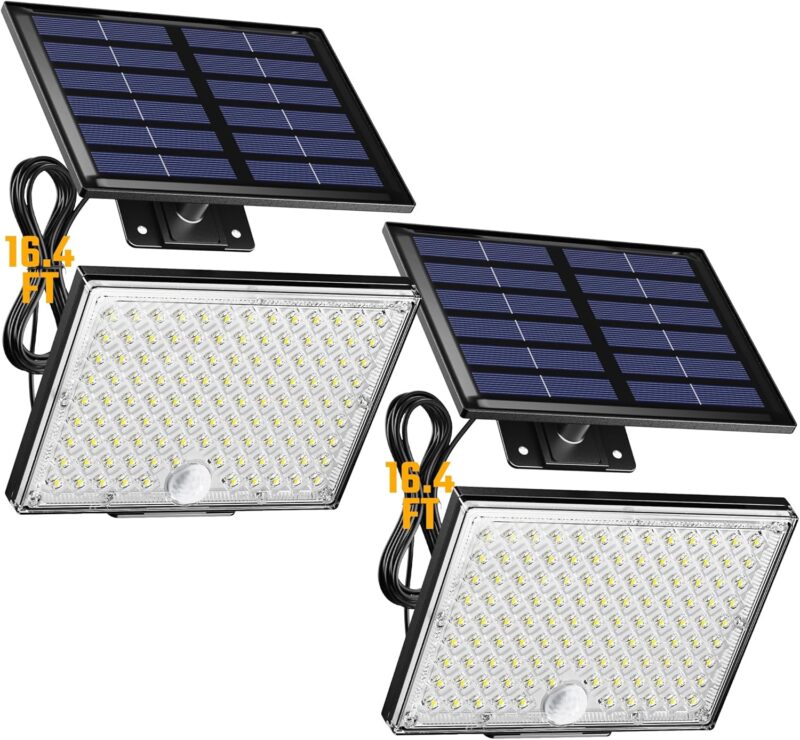 Solar Outside Lights with 113 Bright LEDs 7000K, Motion Sensor Outdoor Flood Lights Dusk to Dawn with 16ft Cable  Waterproof, Security Light for Garden Barn Porch 2 Pack