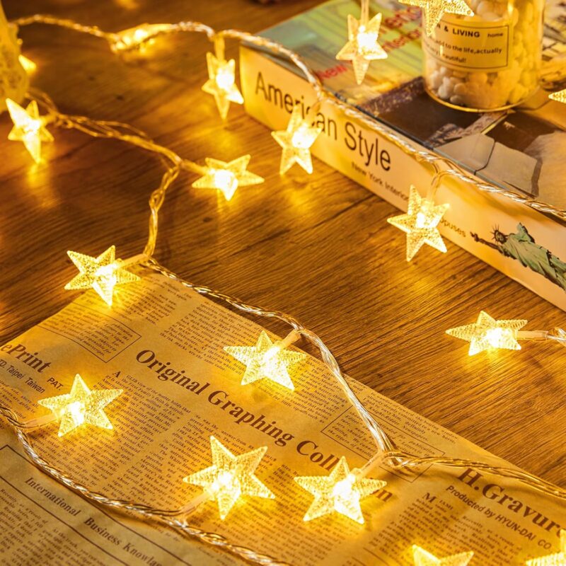 Star String Lights Battery Operated - 17 ft 50  Star Fairy String Lights with Timer, Waterproof for Indoor Bedroom Tent Loft Bed Patio Party Wedding Decor, Warm White