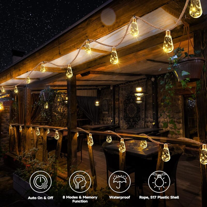 Solar Outdoor String Lights, 20Ft Vintage Rope Hemp Solar Patio Lights, Waterproof Warm White Solar Powered String Lights With 8 Modes 16 Shatterproof Bulbs for Garden Fence Stairs Balcony Café Bistro - Image 2