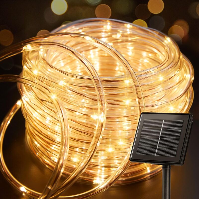 Solar Rope Lights, 39FT 100LED Outdoor Solar String Lights,  Waterproof Solar Powered Fairy Lights with 8 Lighting Modes for Party Garden Yard Home Holiday Tree Decoration, Warm White