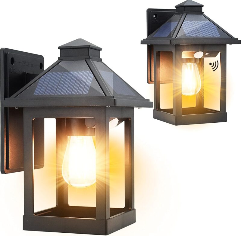 2 Pack Solar Wall Lanterns Outdoor with 3 Modes, Dusk to Dawn Motion Sensor LED Sconce Lights  Waterproof, Exterior Front Porch Security Lamps Wall Mount Patio Fence Garage Decorative