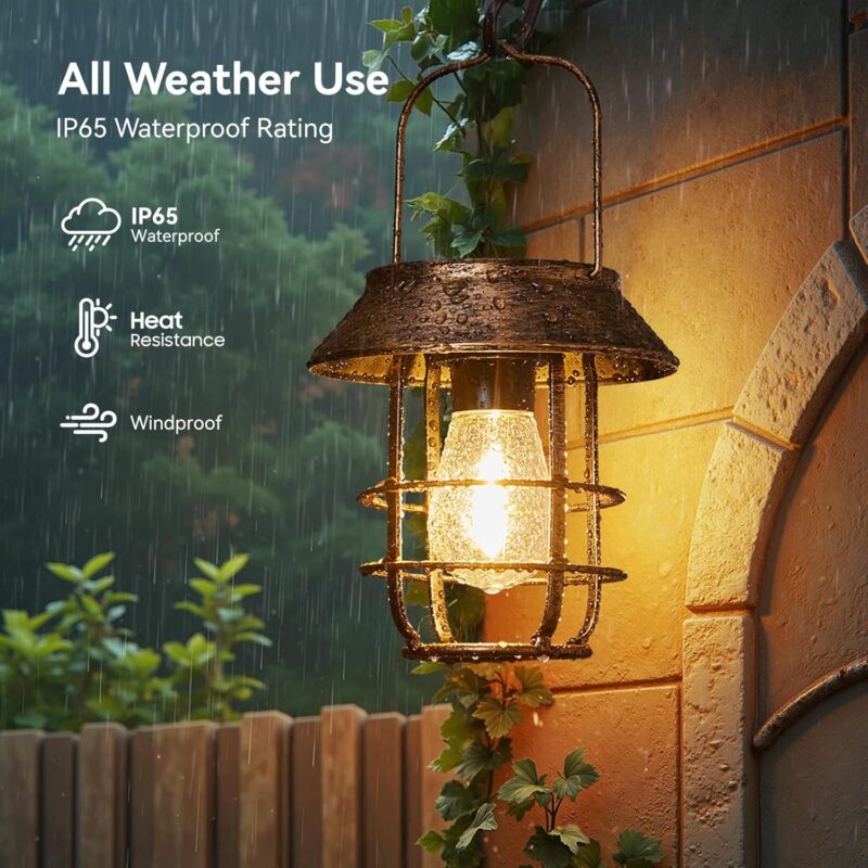 Solar Lanterns Outdoor Waterproof, High Brightness Hanging Solar Lights for Outside with Wall Hooks, Retro Metal Outdoor Lanterns Auto On/Off for Porch, Patio, Yard Decor 2 Pack - Image 2