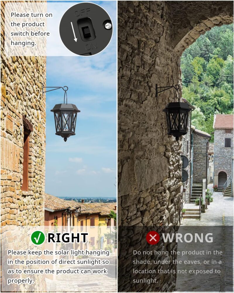 Solar Lanterns Outdoor Waterproof, Hanging Solar Lights with Glass Shade - 2 Pack LED Metal Wall Mount Outdoor Light for Yard/Garden/Patio - Black - Image 2