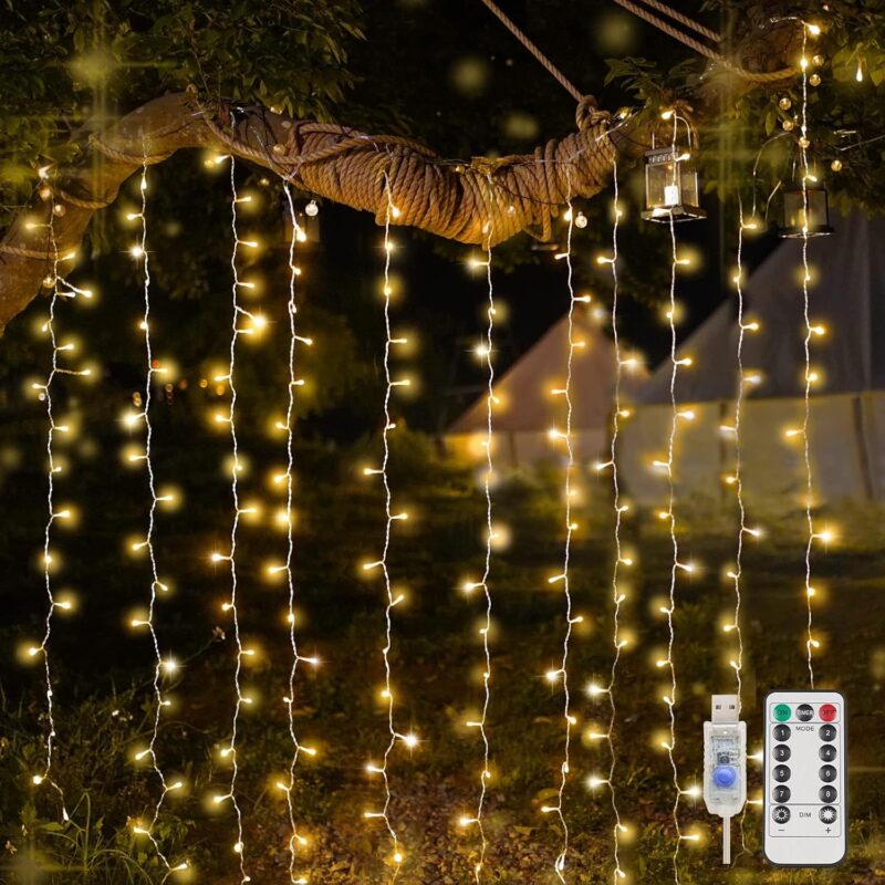 Curtain Lights for Bedroom, 200  Hanging String Lights Outdoor, Fairy Curtain Light Indoor for Christmas, Dorm, Wall, Backdrop, Window, Wedding, Party, Brithday Decor, Warm White