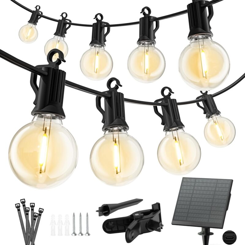 Solar Outdoor Lights - 38 FT Solar String Lights with USB Port and Cable Ties, Commercial Shatterproof G40 LED Bulbs, Waterproof Hanging Patio Light for Backyard Porch Bistro Decor