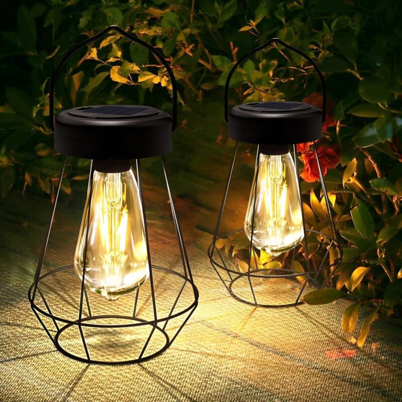 Solar Lanterns Outdoor Lights,Metal Hanging Solar Lights,Outdoor Waterproof,Auto On/Off with Edison Bulb Outdoor Solar Lights for Yard Garden Patio Pathway Decor 2 Pack