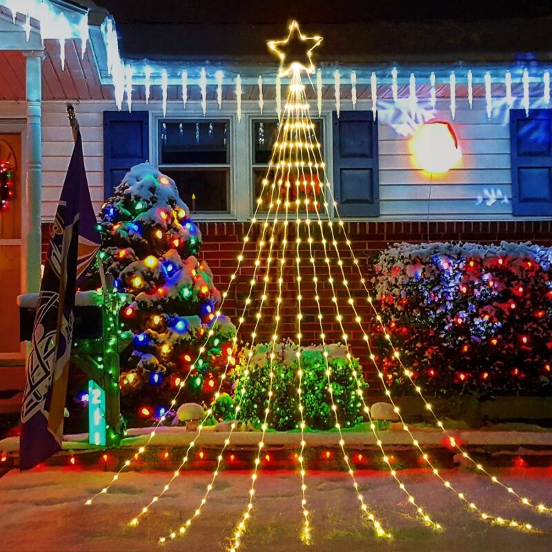 Christmas Decorations Star String Lights - 344  11.8ft 9 Strands Waterfall Tree Lights with Topper Star, 8 Lighting Modes Christmas Lights Indoor Outdoor Decorative for Wedding Yard Party Home