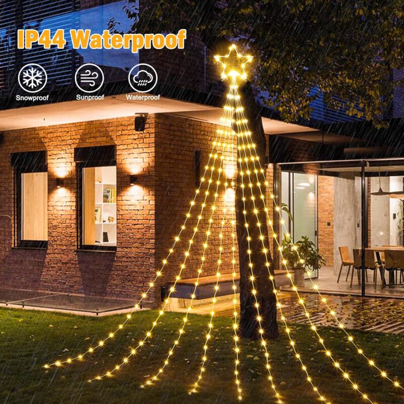 Christmas Decorations Star String Lights - 344  11.8ft 9 Strands Waterfall Tree Lights with Topper Star, 8 Lighting Modes Christmas Lights Indoor Outdoor Decorative for Wedding Yard Party Home - Image 2