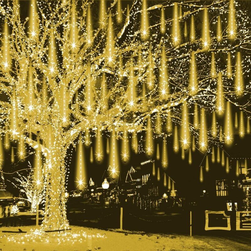 Christmas Lights Outdoor Falling Rain Meteor Shower Lights 12 inch 8 Tube 192  Snowfall Icicle Cascading String Light for Xmas Tree Christmas Decorations Holiday Garden,  Plug,Warm White