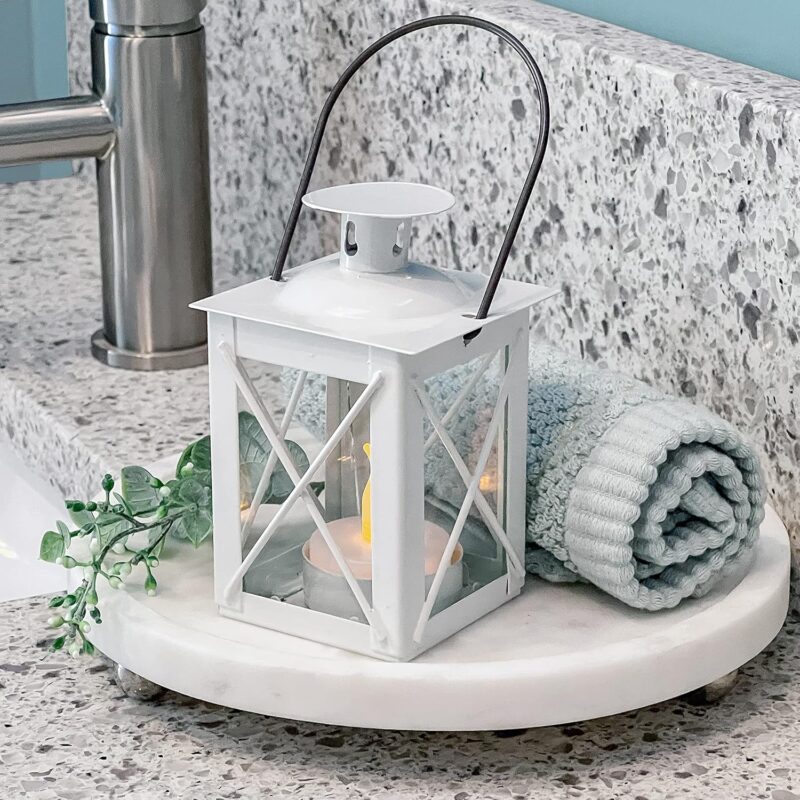 Rustic Shelf Decor Luminous Vintage Tea Light Votive Candle Holders Metal Mini Decorative Lantern, Distressed White