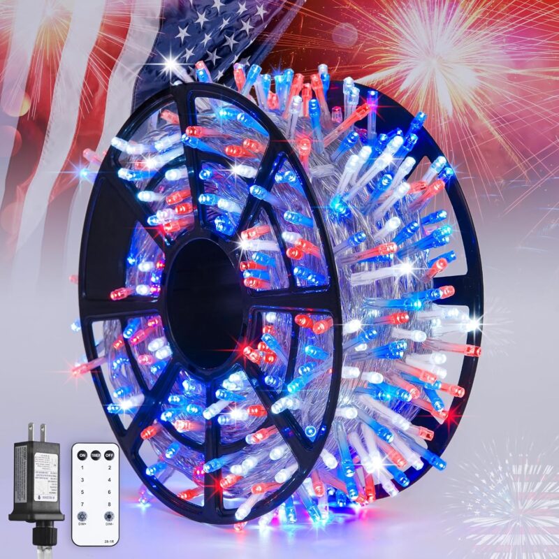 600  Red White and Blue Lights Outdoor Plug in, Memorial Day Decorations Lights for Patriotic American Holiday Tree Party Independence 4th of Jy Decor